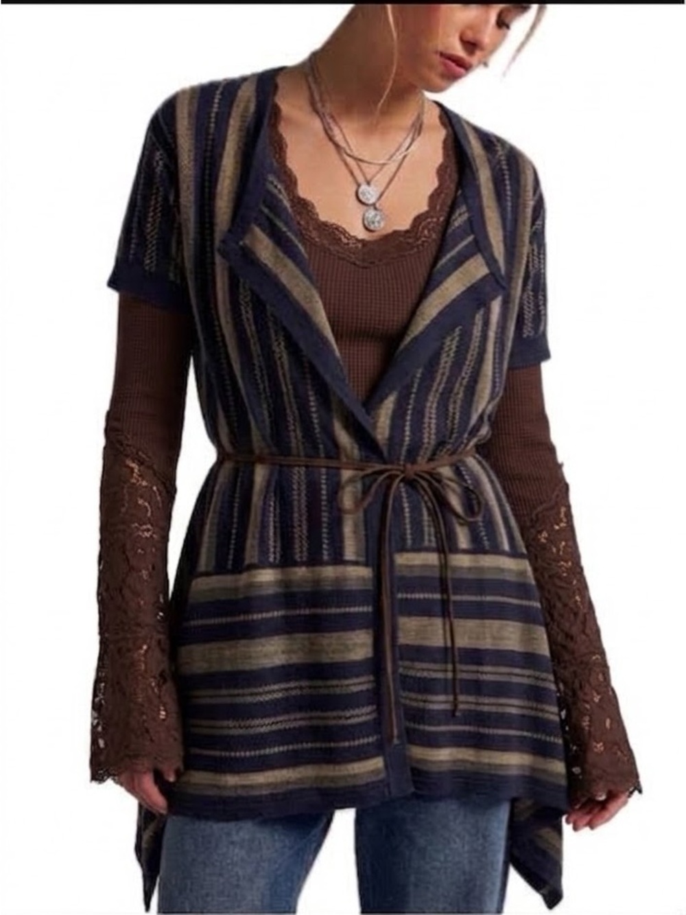 MNG MANGO Striped Cardigan Size Small Short Sleeve Sharkbite Hem Faux Suede Belt